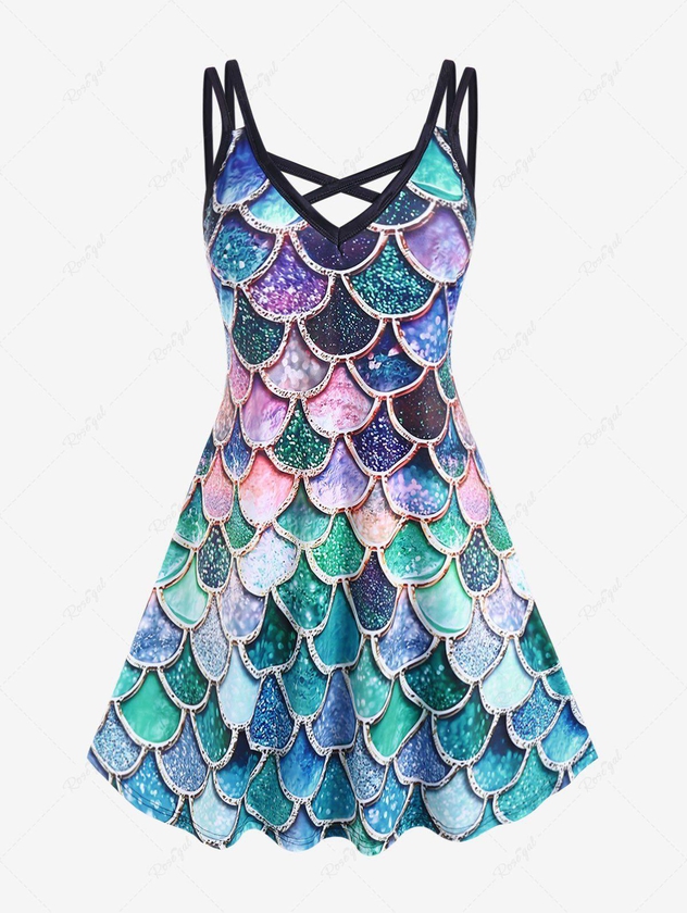 Plus Size Crisscross Mermaid Fish Scale Print A Line Dress - 1x | Us 14-16