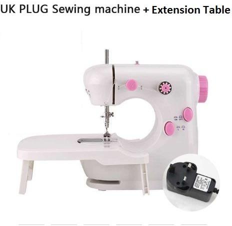 Mini Portable Electric Sewing Machine With Extension Desk, Industrial Thread + UK Plug - White & Pink