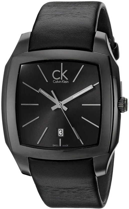 Calvin Klein Men K2K21402 Recess Black Stainless Steel Watch with Black Leather Band