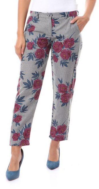 Kady Foral & Houndstooth Patterned Cotton Pants - Multicolour Navy Blue & Black