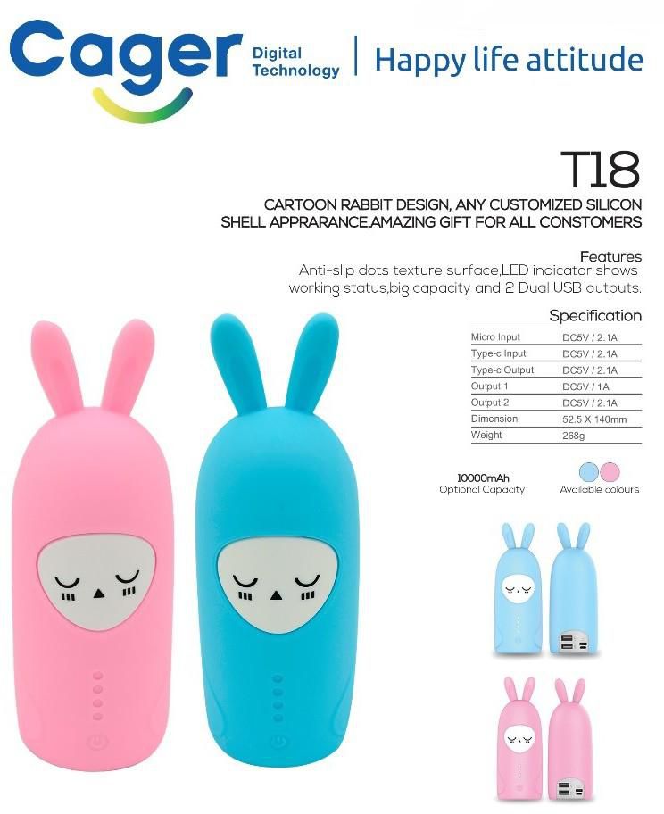 [IX] CAGER T18 Cute Bunny Powerbank Dual USB 10000mah (Clearance Stock) RANDOM COLOUR