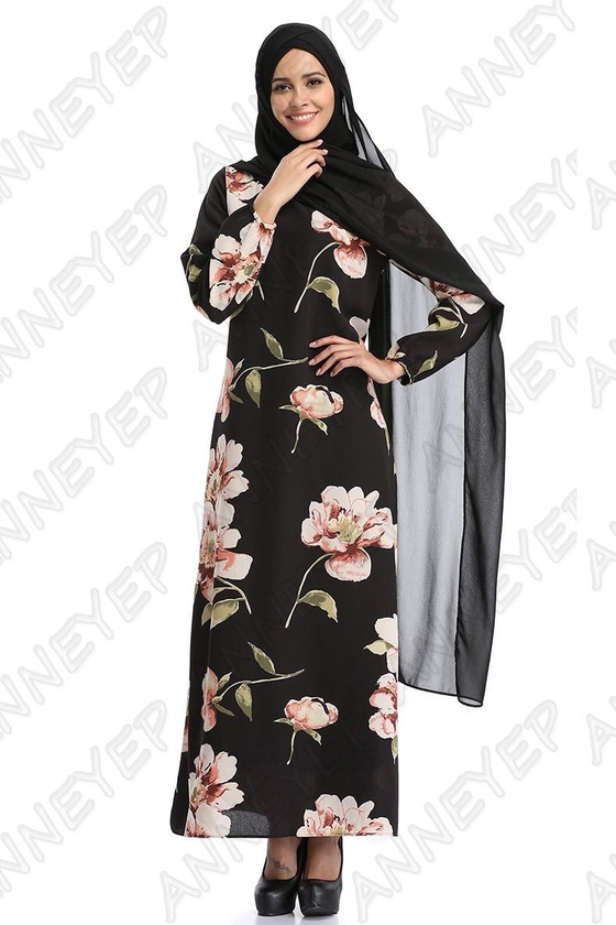 LeBelle18 Floral Long Sleeve Chiffon Maxi Dress - 3 Sizes (Black)