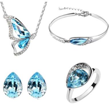 18K White Gold Plated Butterfly Necklace Earrings and Bracelet Jewellery Set Lake Blue