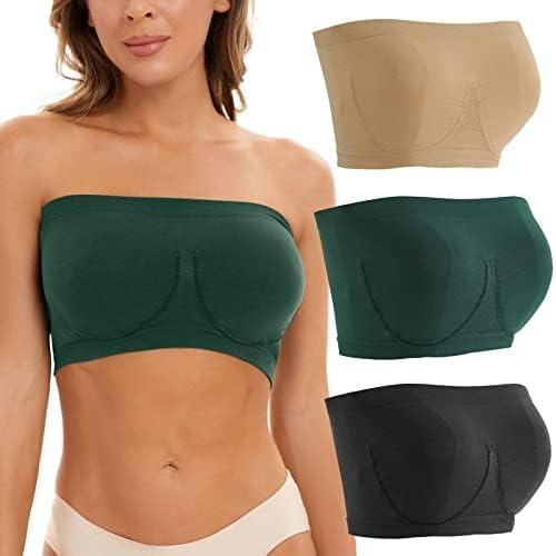 3 Pieces Women's Seamless Bandeau Crop Tube Top Bra Comfortable Strapless Padded Bralette Stretchy Yoga Fitness Bra (L)