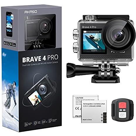 AKASO Brave 4 Pro 4K30FPS Waterproof Action Camera - 40M Underwater Camera with Stabilization, Dual Screen, 2 Rechargeable Batteries, Remote Control Sports Camera with Accessories Kit