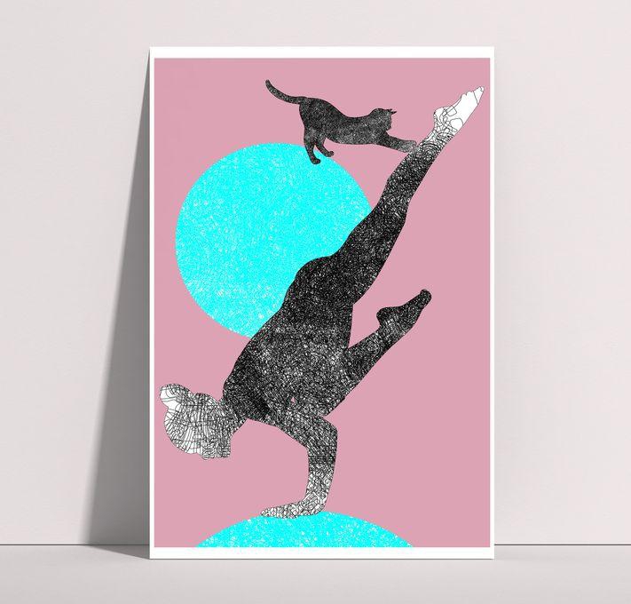 Yoga Wall Decor, Woman And Cat Wall Art Print- A3 Size