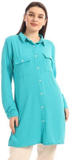 Andora Chest Flap Pockets Solid Buttoned Shirt - Turquoise