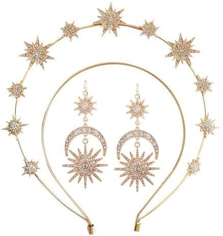 Goodern 3 PCS Halo Crown,Moon Stars Goddess Crown Earrings Set Boho Exquisite Crystal Headband Earrings Creative Celestial Headpieces Baroque Moon Stars Cosplay Hair Accessories for Women Girls
