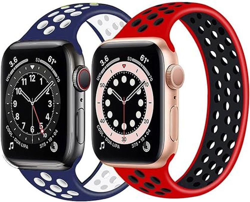2 Pack Silicone Sport Solo Loop Band Size 42/44/45/49mm Elastic Breathable Dotted Stretch Strap Compatible With Apple Watch Series 9/8/7/6/5/4/3/SE/Ultra - (Red X Black) & (Blue X White) Large - 170mm