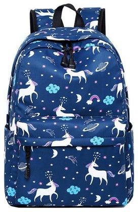 حقيبة ظهر مدرسية بطباعة تمثل حيوان وحيد القرن أزرق/أبيض/وردي