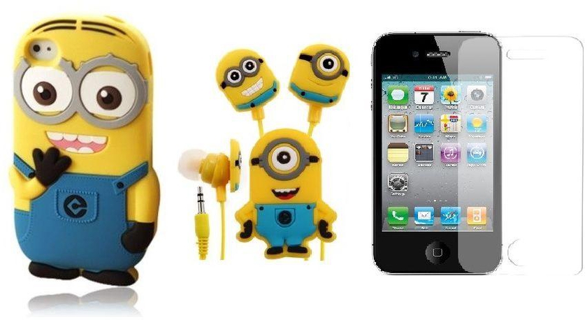 3 In 1 Bundle 3D Cute Cartoon Despicable Me Minion Silicone Back Cover With Earphone & Screen Protector For iPhone 4/4S
