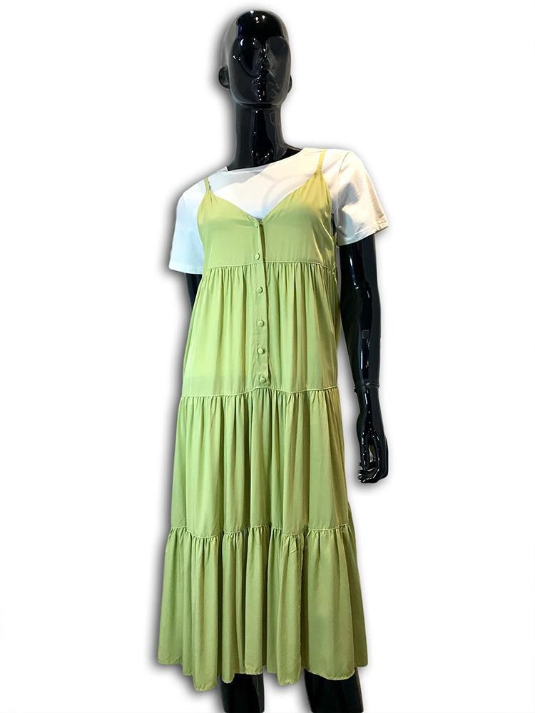 Twescollection Midi Prairie Dress with Spaghetti Strap - Free Size (Green)