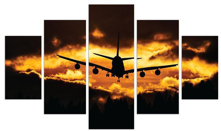Canvas Prints 5 Piece Canvas Wall Art, Sunset Art Painting, Skies Sunset With Aeroplane