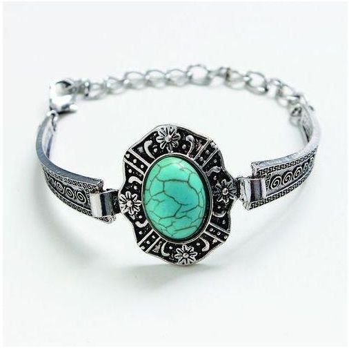 Eissely Retro Plated Turquoise Bracelet Charm Bead Adjust Cuff Bangle Wrist