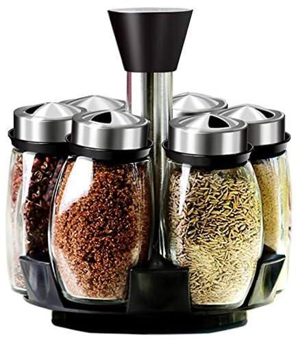 Yolu Revolving Spice Rack Organizer, Spinning Countertop Spice Rack Organizer with 6 Glass Jar Bottles Set for Herbs, Salt and Pepper, Glass Condiment Set with 360°Rotating Holder