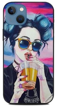 غطاء حماية واقٍ بطبعة فتاة أنيقة ولطيفة تشرب مشروباً لهاتف أبل آيفون 13 متعدد الألوان