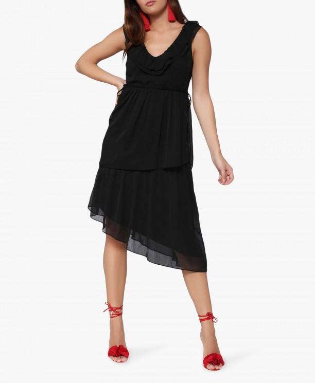 Black Linsa Asymmetric Hem Midi Dress