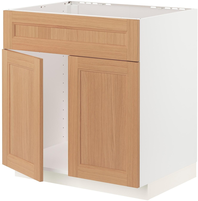METOD Base cabinet f sink w 2 doors/front - white/Vedhamn oak 80x60 cm