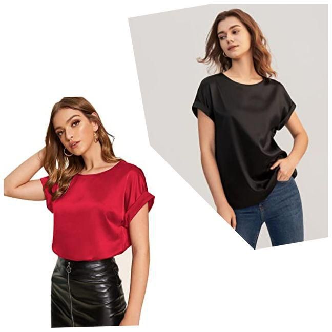 ROV D'Clothier 2in1 Women's Short Sleeve Top Round-neck Satin Silk Blouse Loose Fit Shirt- Red,Black