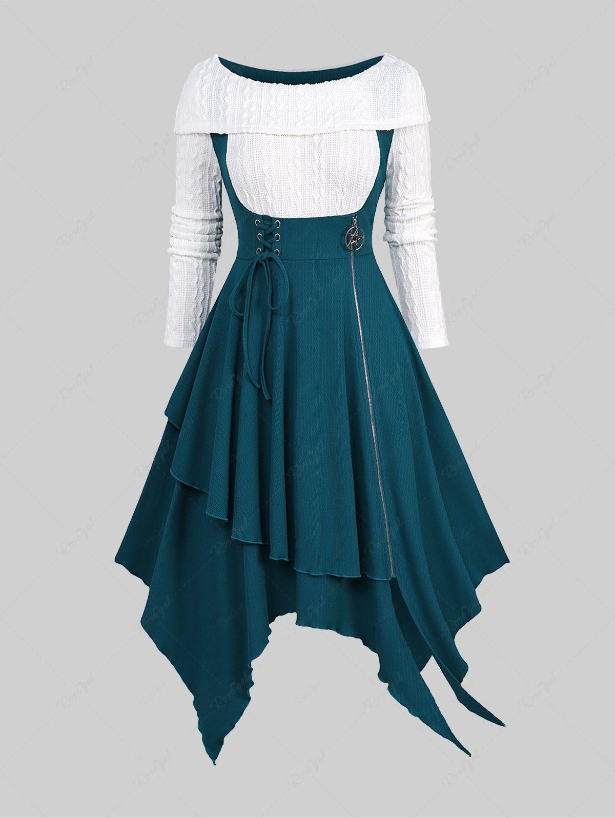 Plus Size Lace Up Zipper Two Tone Handkerchief Textured Dress - L | Us 12