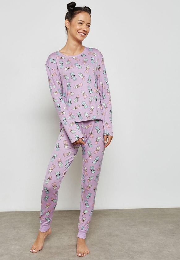 Shower Cat Print Pyjama Set