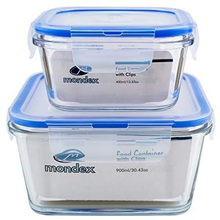 حافظة زجاجية مربعة الشكل لتخزين الطعام مع غطاء ازرق، سعة 400 مل و900 مل 2 قطعة من موندكس، Cmn0241-47