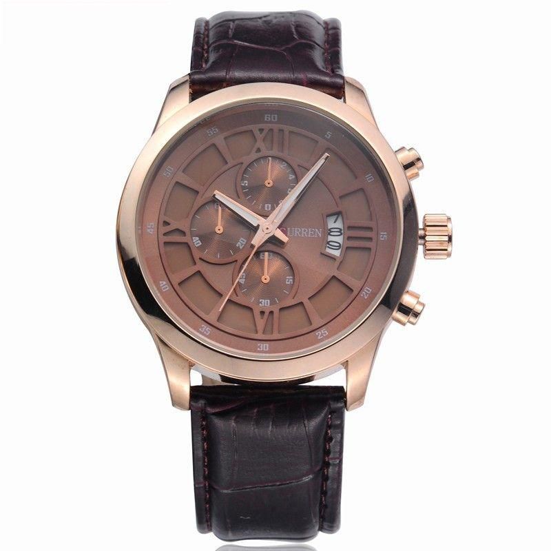 CURREN 8137 Unisex Quartz Analog Watch with Faux Leather Strap & Calendar Brown Dial Water Resistant