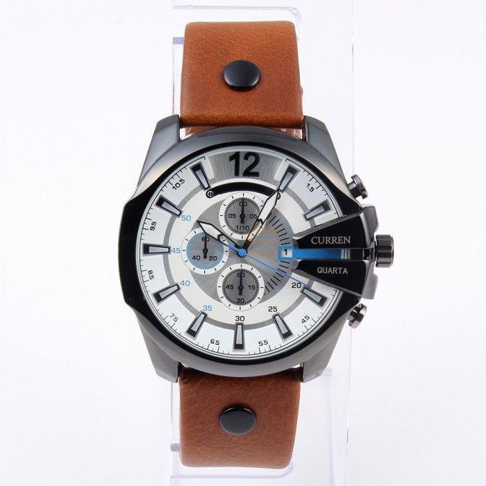 CURREN 8176 Male Quartz Watche Big Round Dial Analog PU Leather Strap & Data Sport Watch-White & Gold