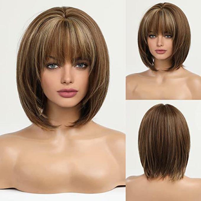 Brown Wigs With Bangs Short Brown Mix Blonde WigsHair Extension For Women