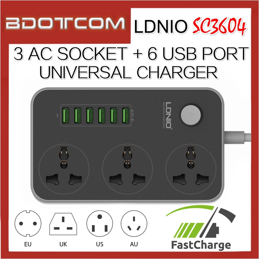 LDNIO SC3604 Power Strip with 3 AC Sockets + 6 USB Ports Charger