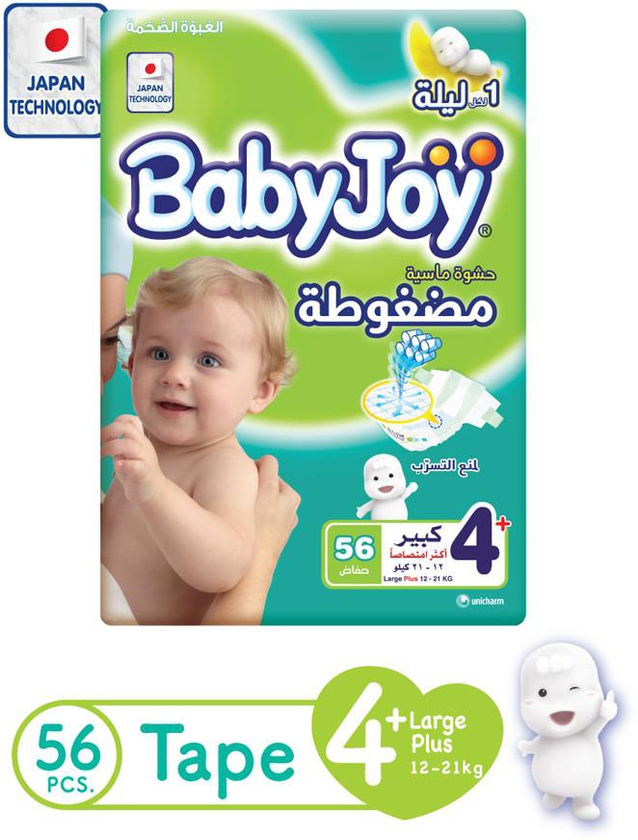 Babyjoy Compressed Diamond pad Diaper Mega Pack Large+, size 4+, 56 count, 12-21 KG