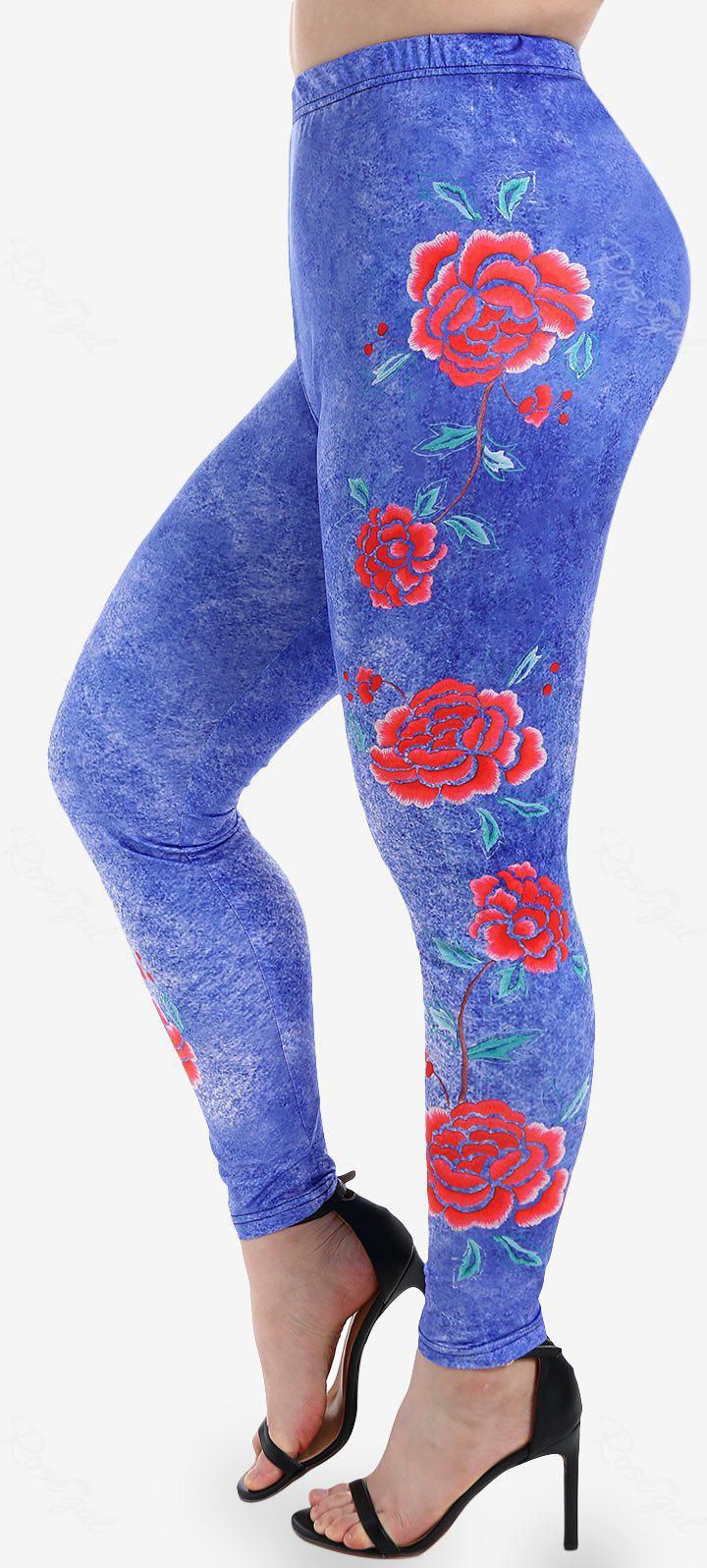 Plus Size 3D Jeans Rose Flower Printed Skinny Leggings - S | Us 8