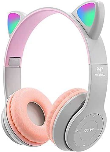 Wireless Gaming Headset p47 Cat Ear LED Light Up Bluetooth Headset Stereo Light Up Headset for Kids Adults Multiple Colors (Pink Grey)