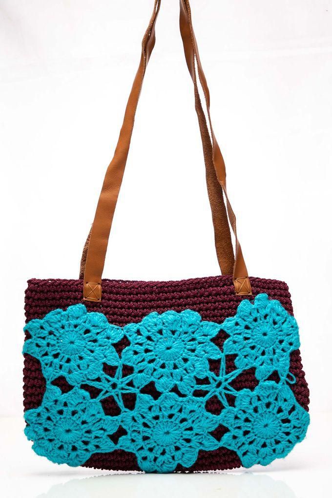 Ebda3 Men Masr Women Leather Crochet Shoulder Bag - Turquoise & Brown