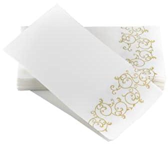 Simulinen Decorative Linen-Feel Bathroom Hand Towels – GOLD Floral Disposable Paper Towels for Guests – Box of 100 – Perfect Size: 12x17 inches unfolded & 8.5x4 inches folded