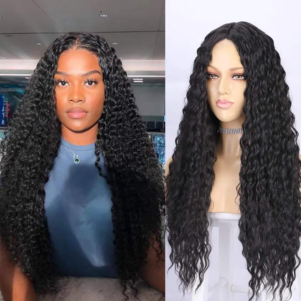 Afro Kinky Curly Lace Wigs Long Hair Synthetic Natural Black Lace Wig Deep Part Burgundy Wig High Temperature for Balck Woman