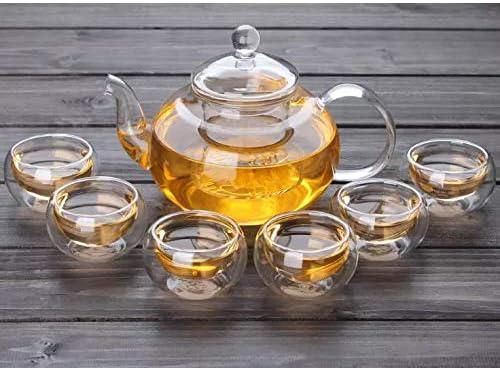 ايريس ديزاين غلاية شاي من زجاج البوروسيليكات تتضمن 6 اكواب غلاية وموقد سعة 600 مل، طقم شاي بتصميم زهور صينية
