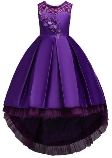 Children's Long Tail Lace Flower Beading Princess Dress Girl Performance Elegant Party Birthday Evening Lady Dresses Purple