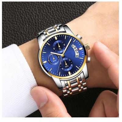 Men's Stainless Steel Waterproof Analog Watch - Classic Style Watch with Hardlex Glass Technology, Calendar, Chronograph, and Water Resistance for Daily and Swimming - Blue Dial, Silver Strap