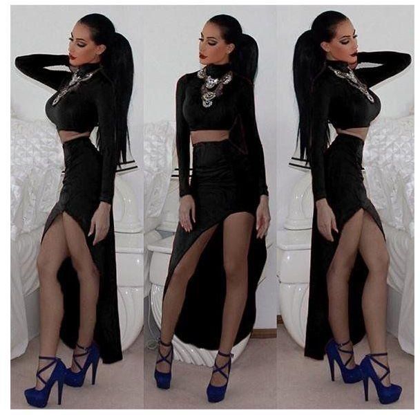 Sunweb Finejo Stylish Lady Casual High Collar Long Sleeve Crop Top And Irregular Slim Skirt Set (Black)