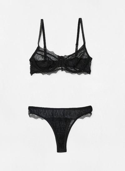 Lace Bralette And Thong Set Black