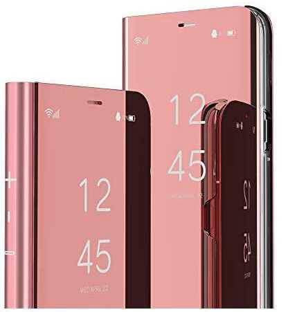 LEMAXELERS Compatible with Samsung A03S Case Slim Mirror Design Clear View Flip Bookstyle Ultra Slim Protecter Shell with Kickstand Protective Cover for Samsung Galaxy A03S Mirror PU Rose Gold