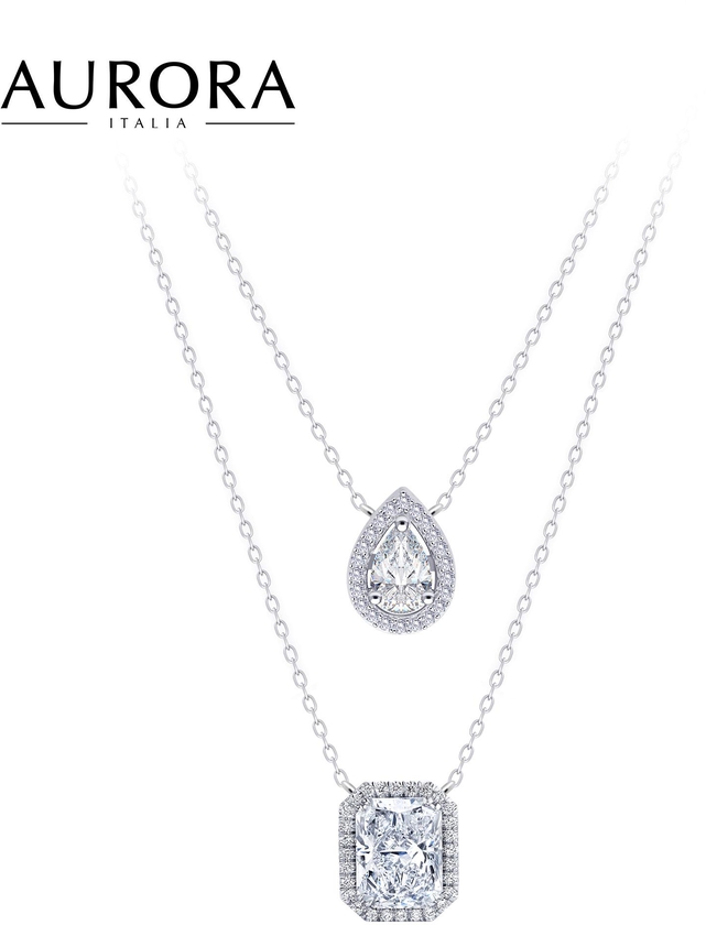 Auroses Two Layer Pear &amp; Emerald Halo Necklace 925 Sterling Silver 18k White Gold Plated
