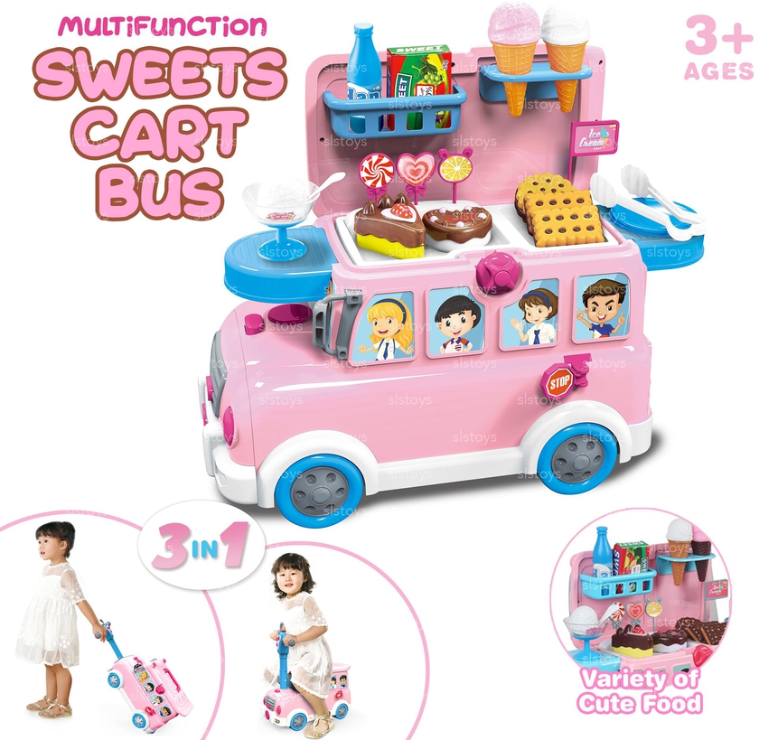 3-in-1 Sweets Cart Bus Pretend Play Kids Girl Luggage Scooter Toy