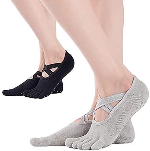 Yoga Socks Non Slip, DELFINO Full Toe Socks with Grips & Straps, One Size Barefoot Workout Pilates Ballet Pure Barre Dance Accessories A Good companion for Women & Men, (2 Pairs 1Black & 1Grey)