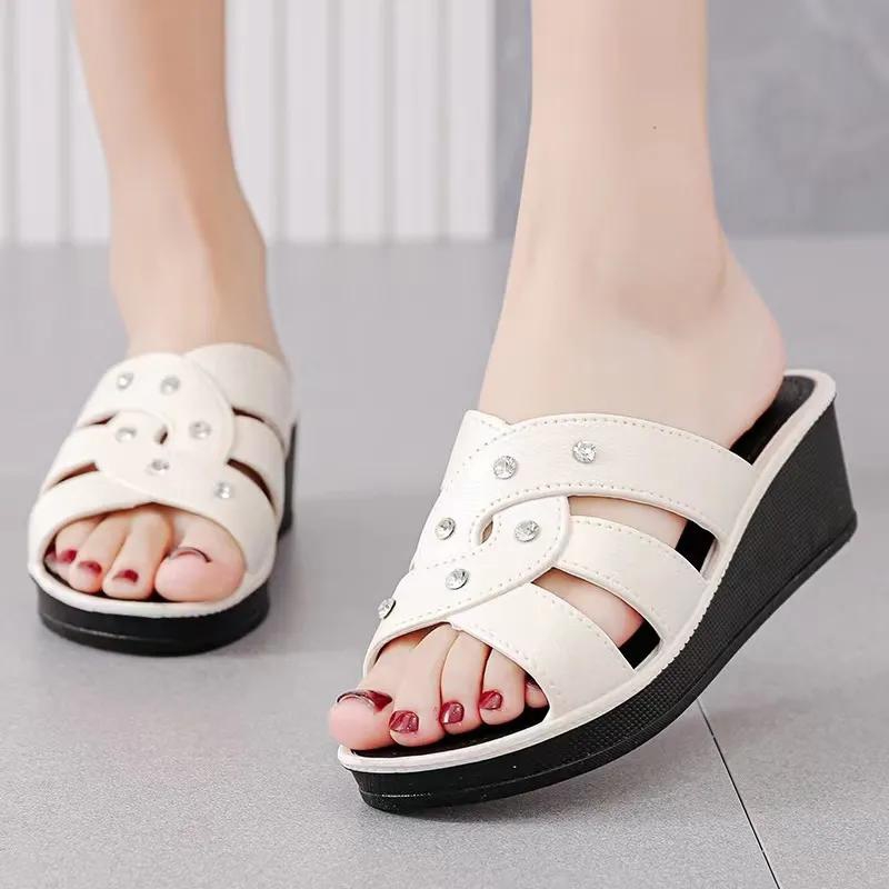 Women's High Heel Slippers Summer Wear Thick Bottom Fashion Home Non-Slip Mother Shoes Soft Bottom Social Wedge Women Sandals