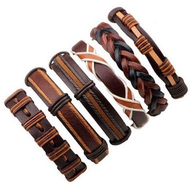 6pcs Leisure Braided Adjustable Leather Bracelet-Brown