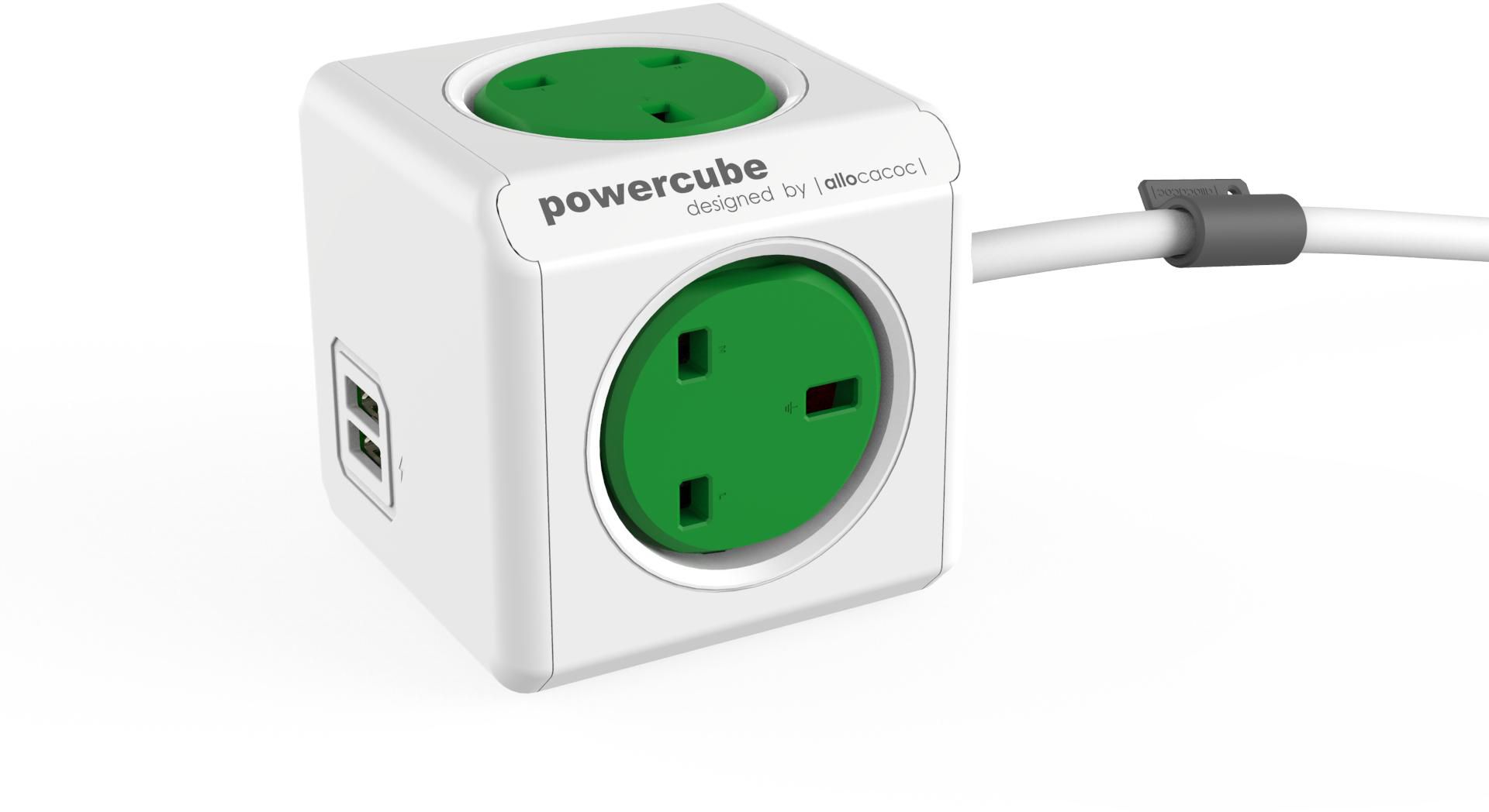 Allocacoc PowerCube Extended, 4 Sockets, 1.5m Cable, 2USB Ports, Green