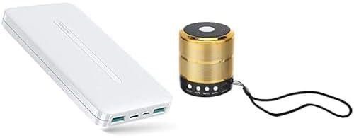 Travel Essential Bundle (Joyroom JR-T012 Top Star mobile power 10000mAh white + Wireless bluetooth handsfree mic speaker with fm scan, gold)