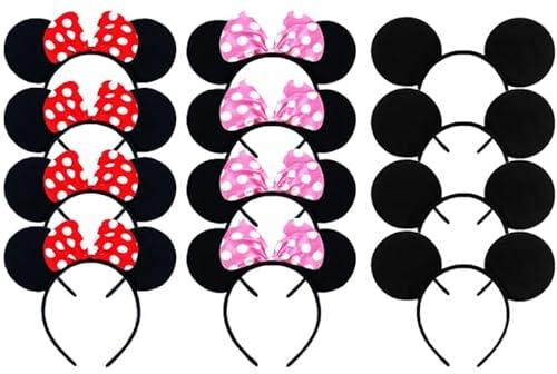 Mouse Ears Headband Adult Headband Mouse Costume Solid Back Red Pink Bow for Girls Boys Birthday Party Theme Park Costume Play Celebration Pack of 12 (Black & Red & Pink)